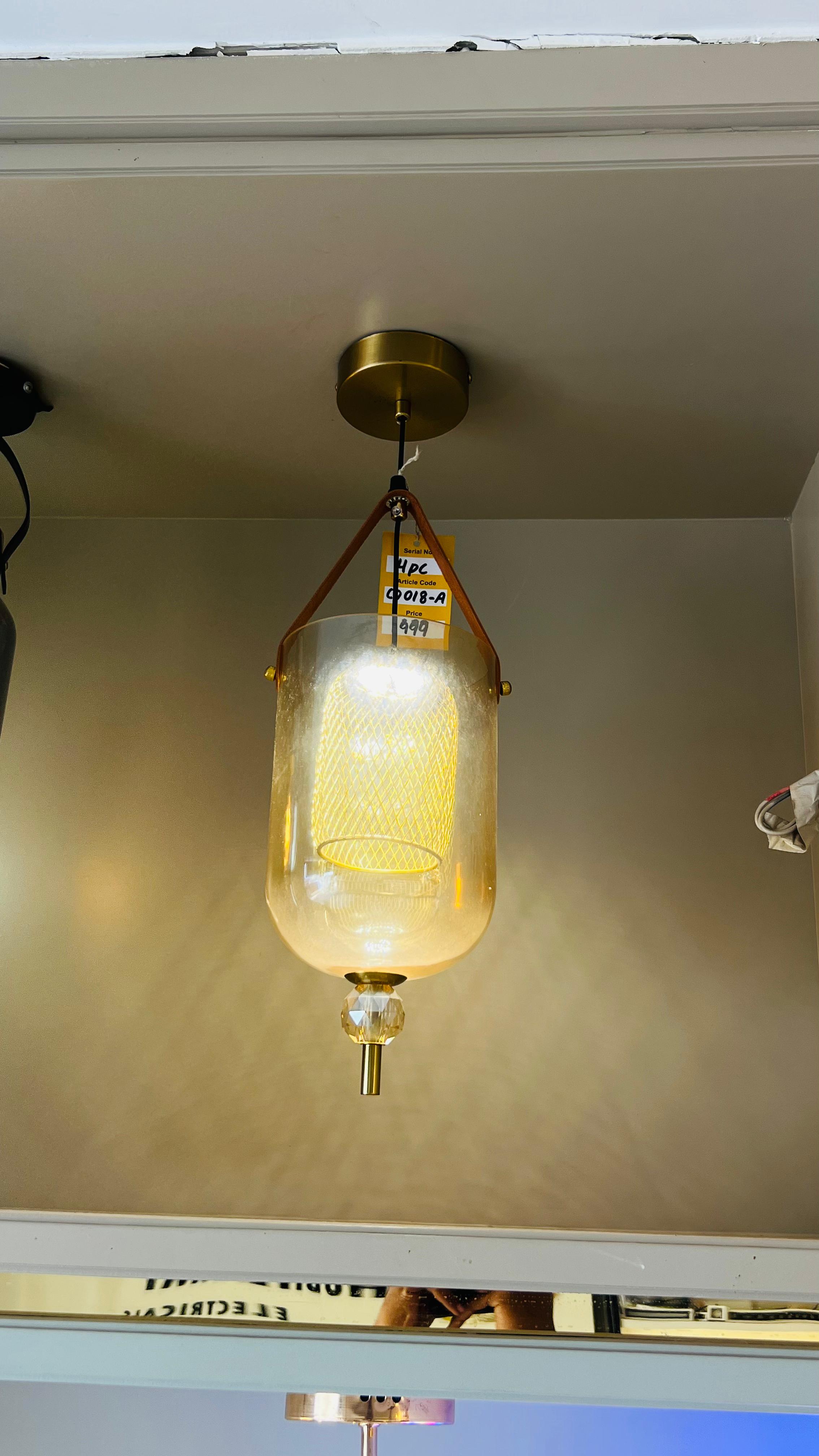 Amber Glass Pendant Light with Leather Strap Accent